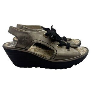FLY LONDON YLVA Wedge Sandals Lace-Up Metallic Leather 41/10.5-11 US Open Toe